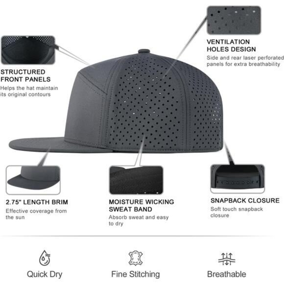 Mens Flat Brim Snapback Hat Adjustable Breathable Performance Baseball Cap - Picture 3 of 7